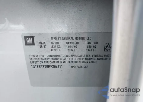 2017 Chevrolet Malibu Ls z USA, uszkodzony, nr VIN 1G1ZB5ST0HF292711